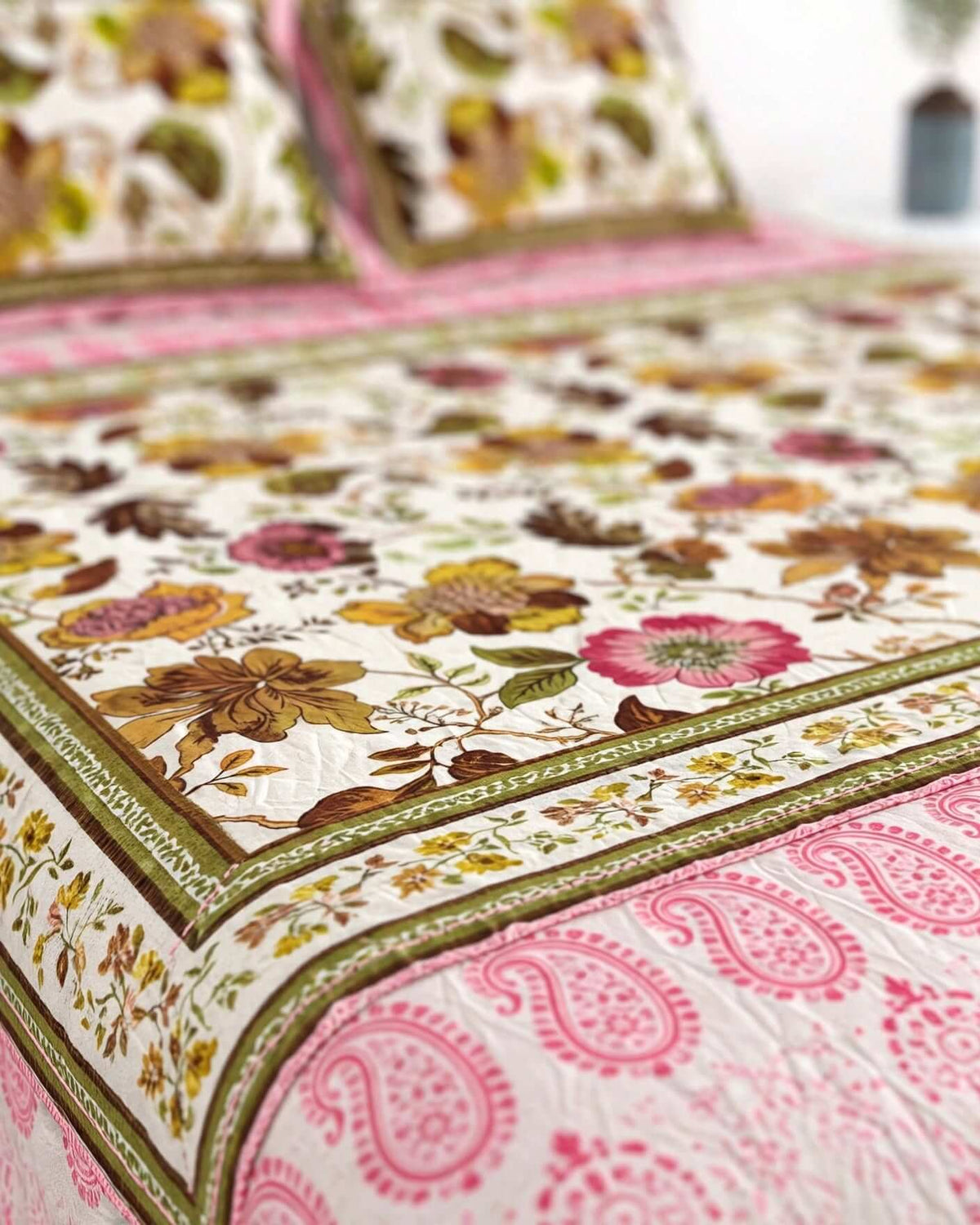 Pink and Olive-Green Floral Block-Print Style Cotton Double Bedsheet with Pillow Covers