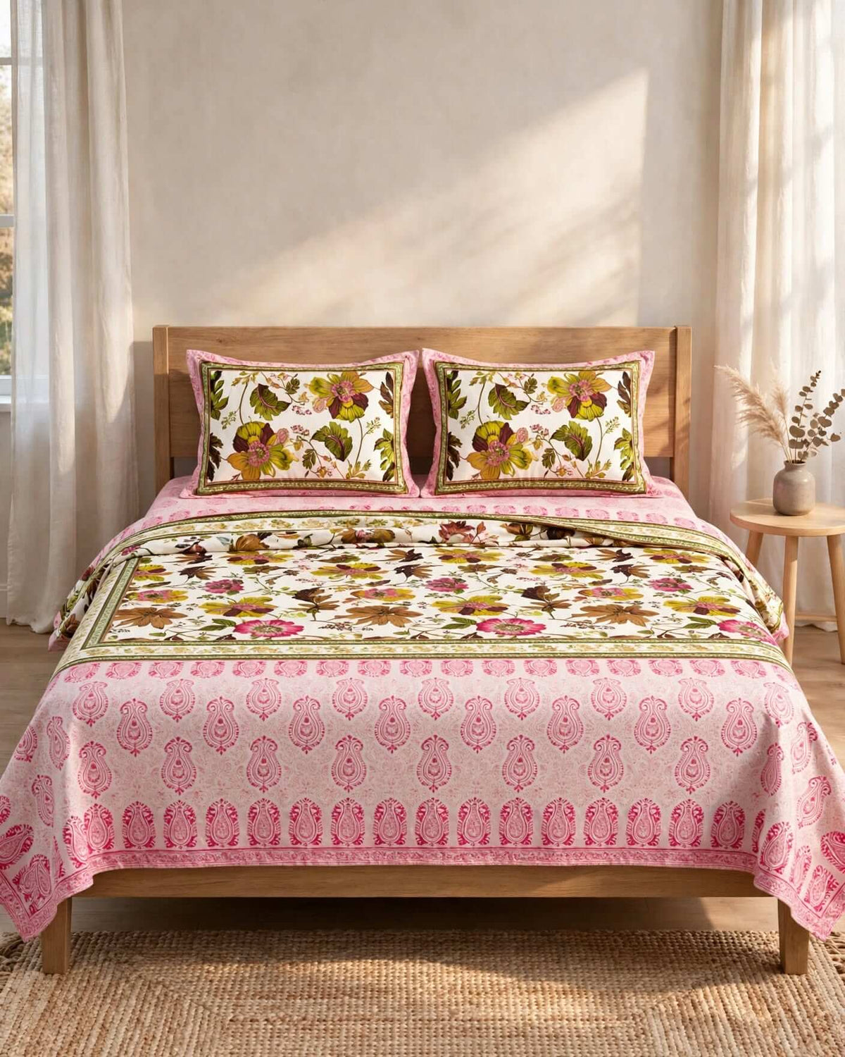 Pink and Olive-Green Floral Block-Print Style Cotton Double Bedsheet with Pillow Covers