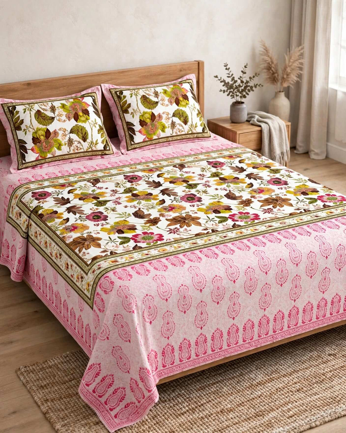 Pink and Olive-Green Floral Block-Print Style Cotton Double Bedsheet with Pillow Covers