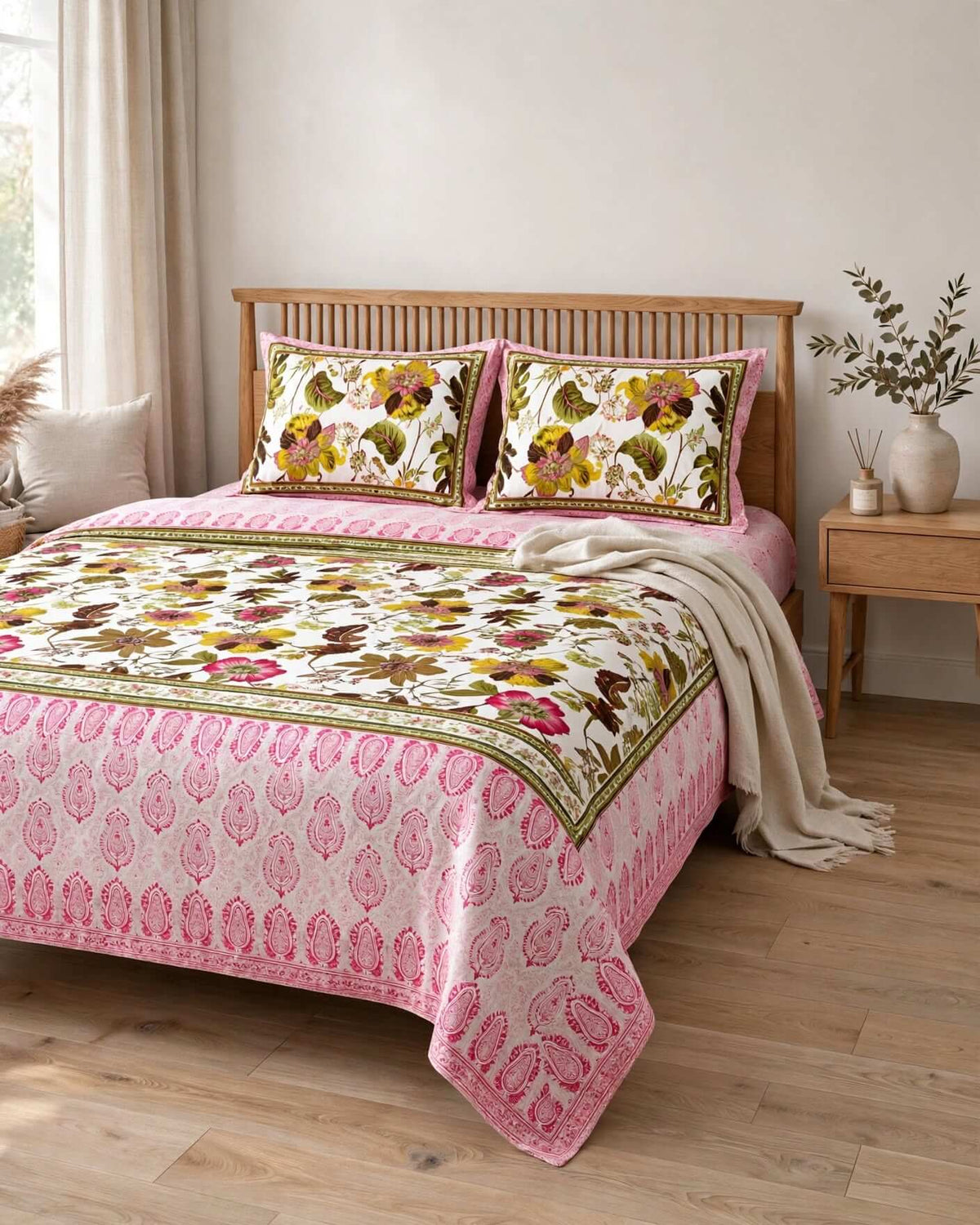Pink and Olive-Green Floral Block-Print Style Cotton Double Bedsheet with Pillow Covers