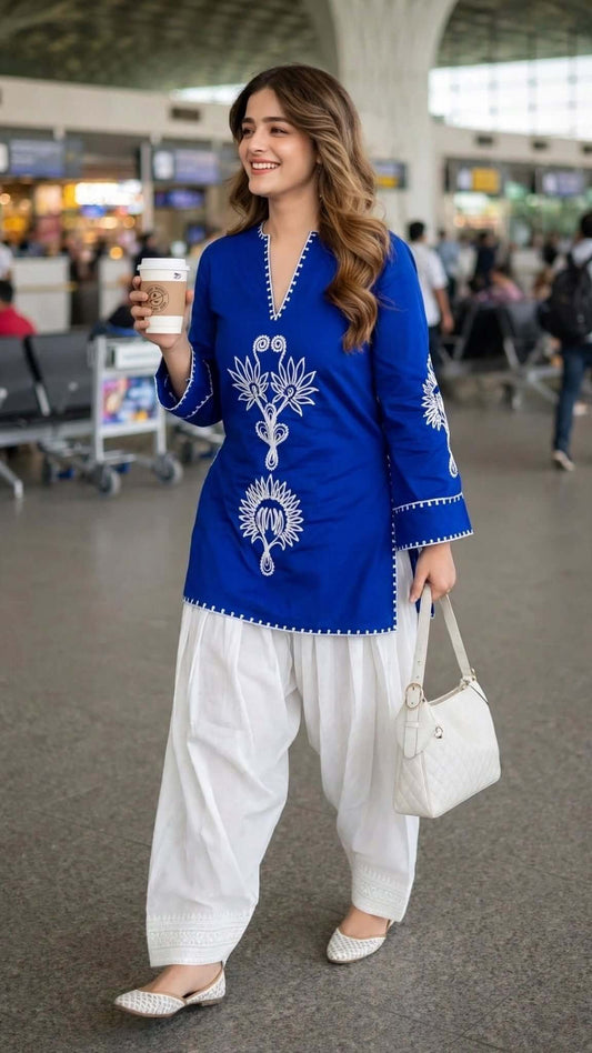 Royal Blue Embroidered Cotton Kurta with White Salwar Set