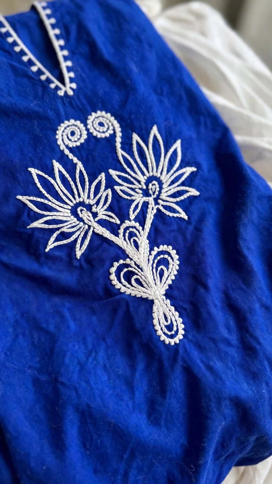 Royal Blue Embroidered Cotton Kurta with White Salwar Set