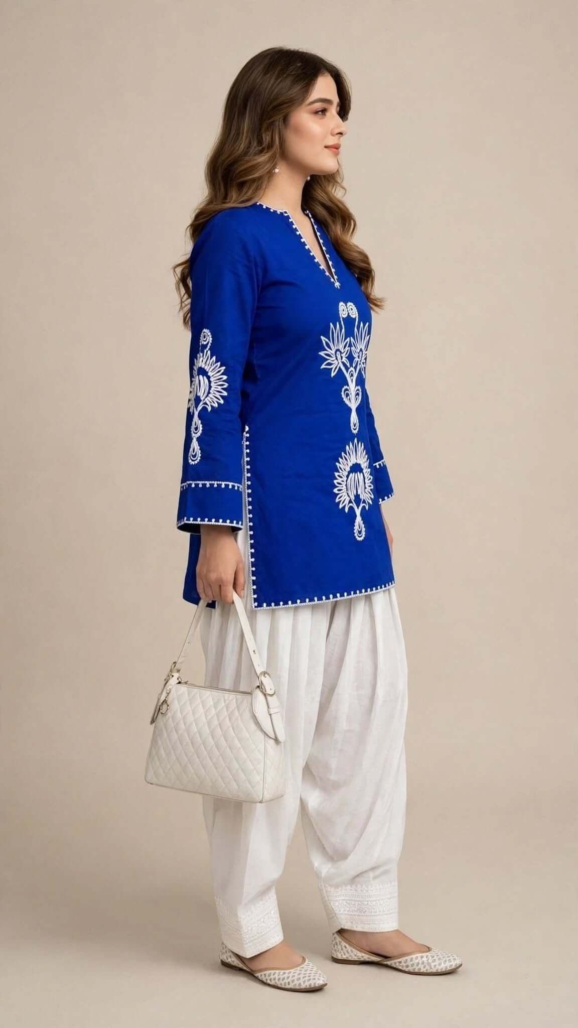 Royal Blue Embroidered Cotton Kurta with White Salwar Set