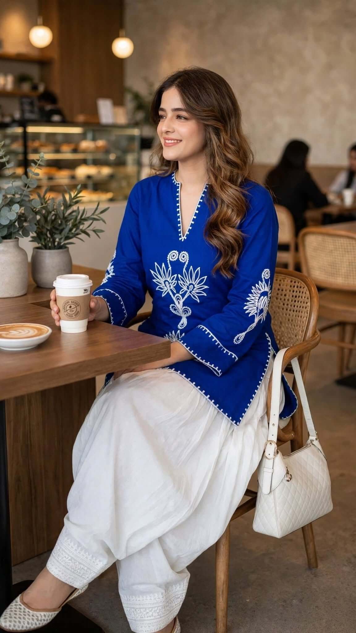 Royal Blue Embroidered Cotton Kurta with White Salwar Set