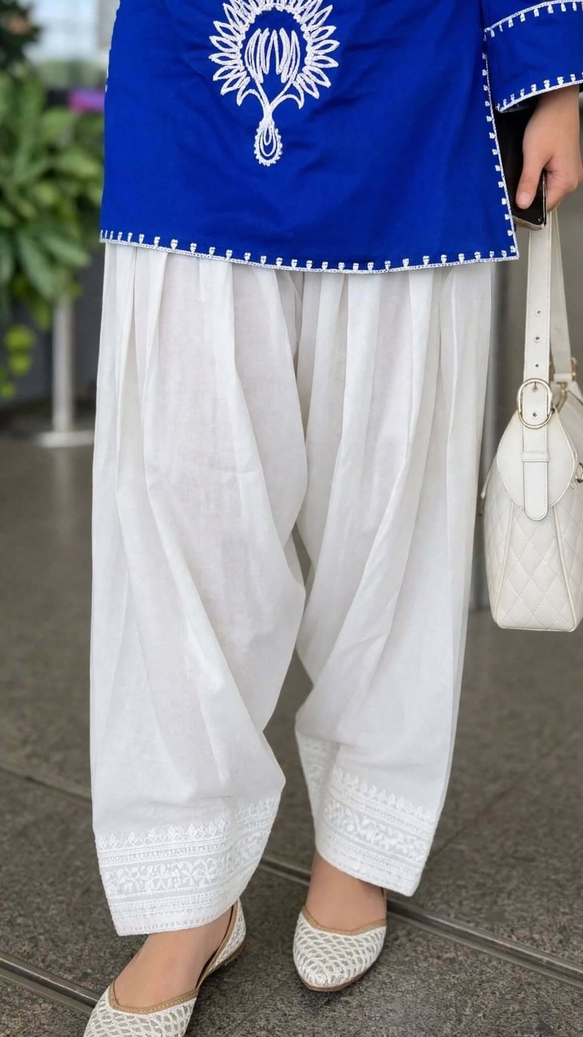 Royal Blue Embroidered Cotton Kurta with White Salwar Set