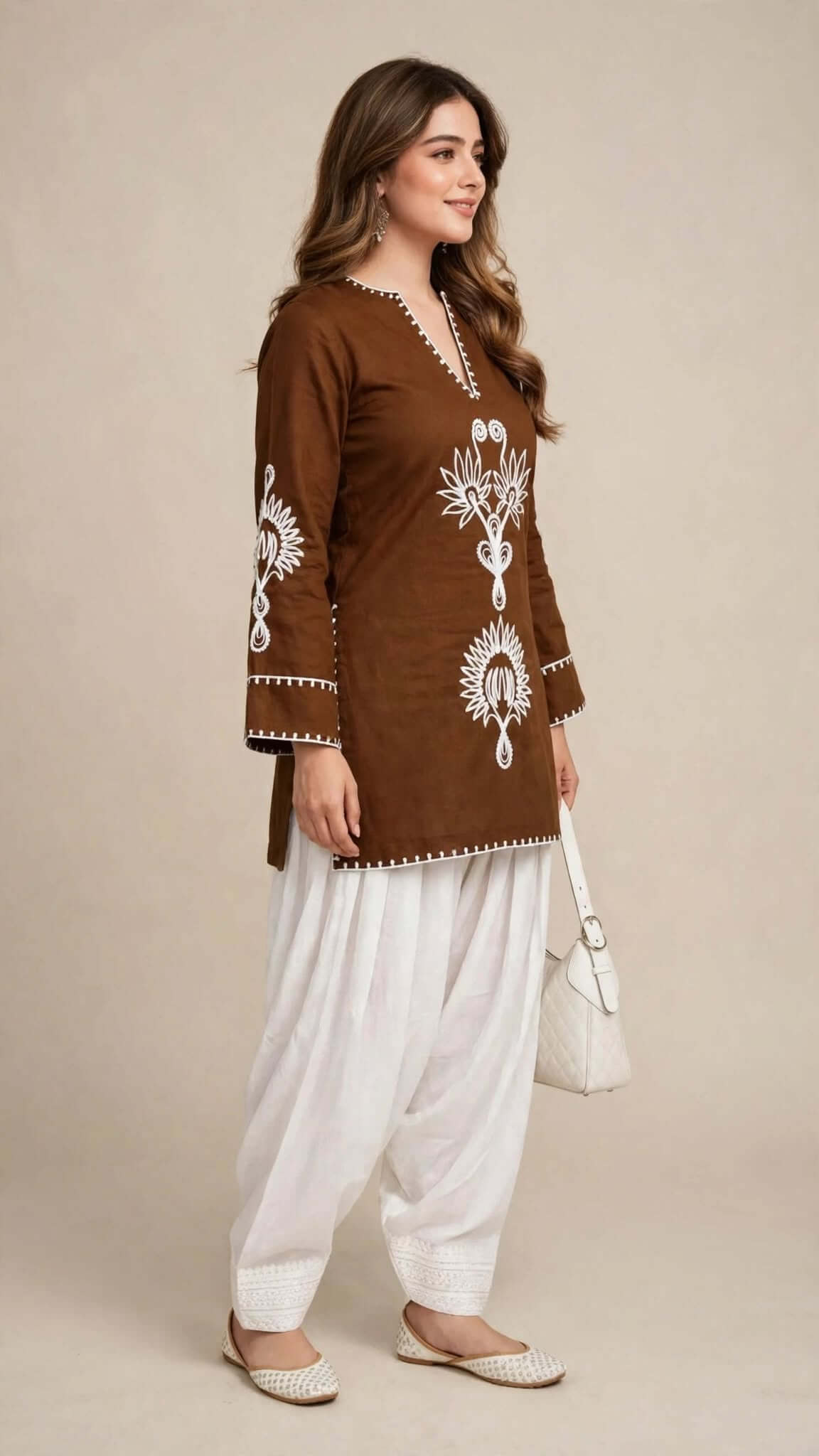 Brown Embroidered Cotton Kurta with White Salwar Set