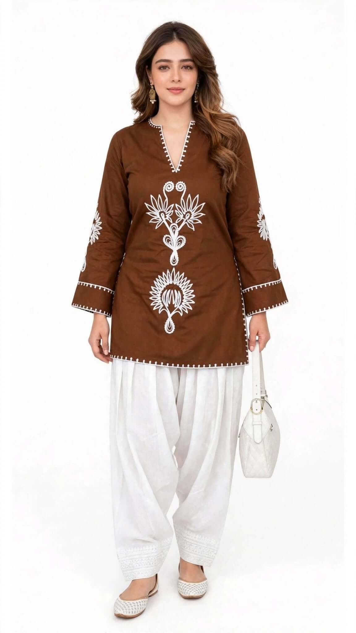 Brown Embroidered Cotton Kurta with White Salwar Set