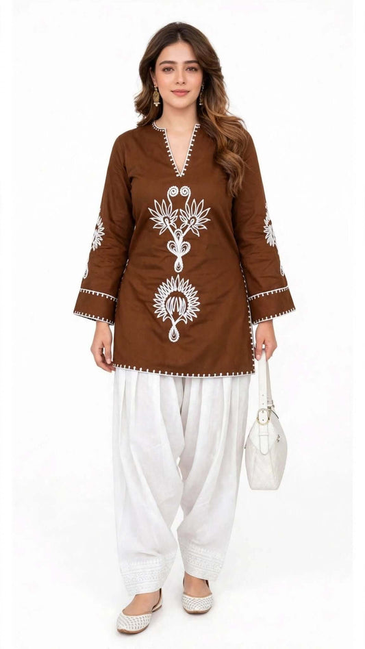 Brown Embroidered Cotton Kurta with White Salwar Set