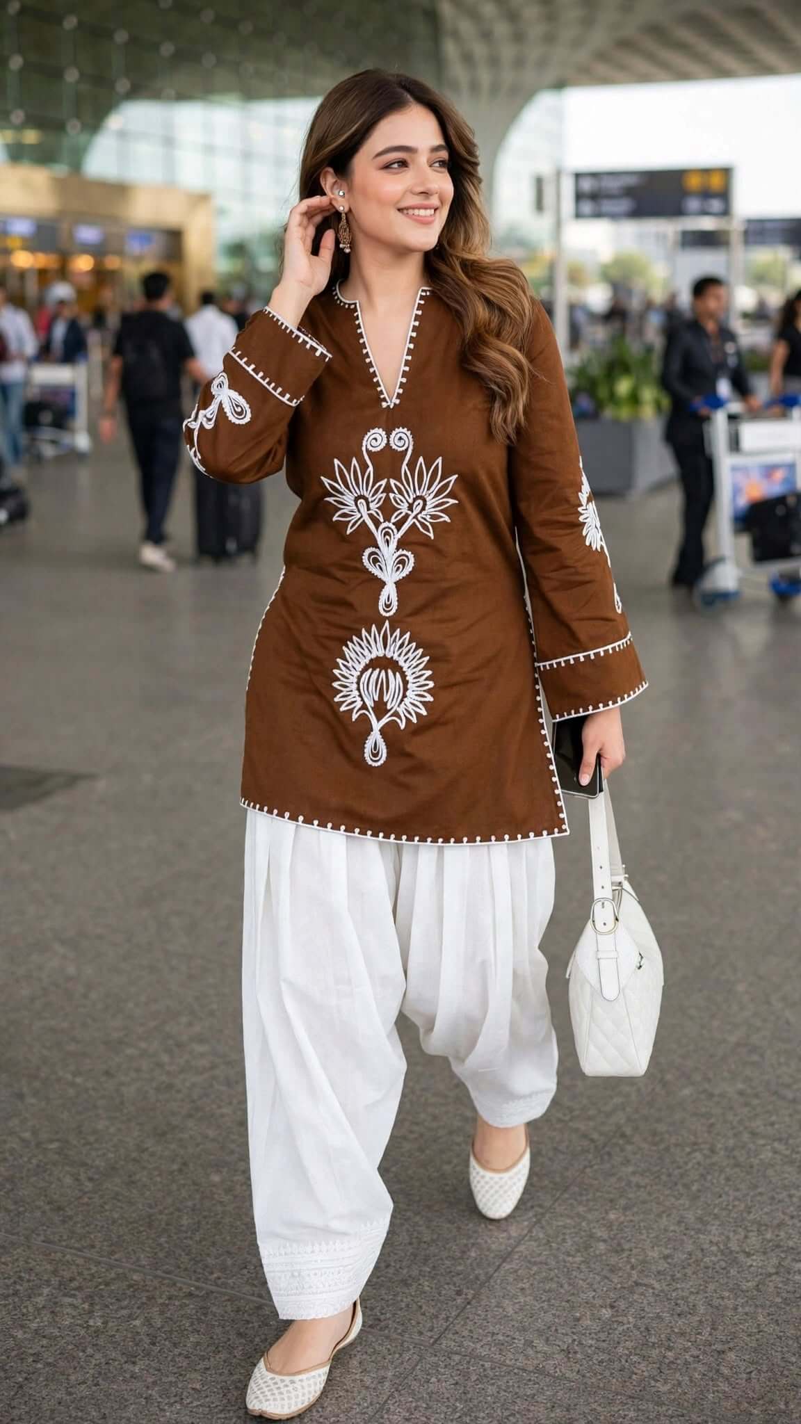 Brown Embroidered Cotton Kurta with White Salwar Set