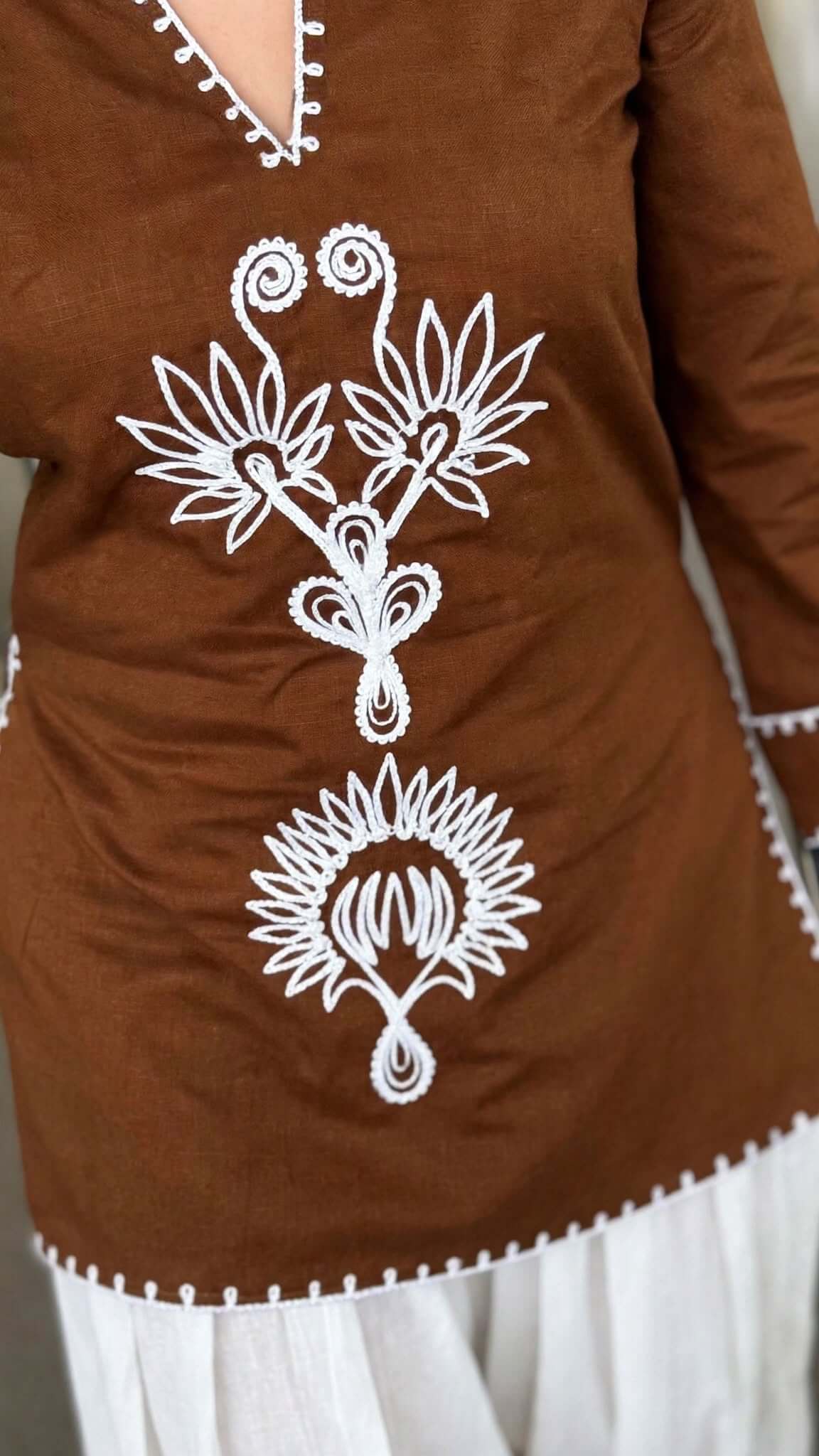 Brown Embroidered Cotton Kurta with White Salwar Set