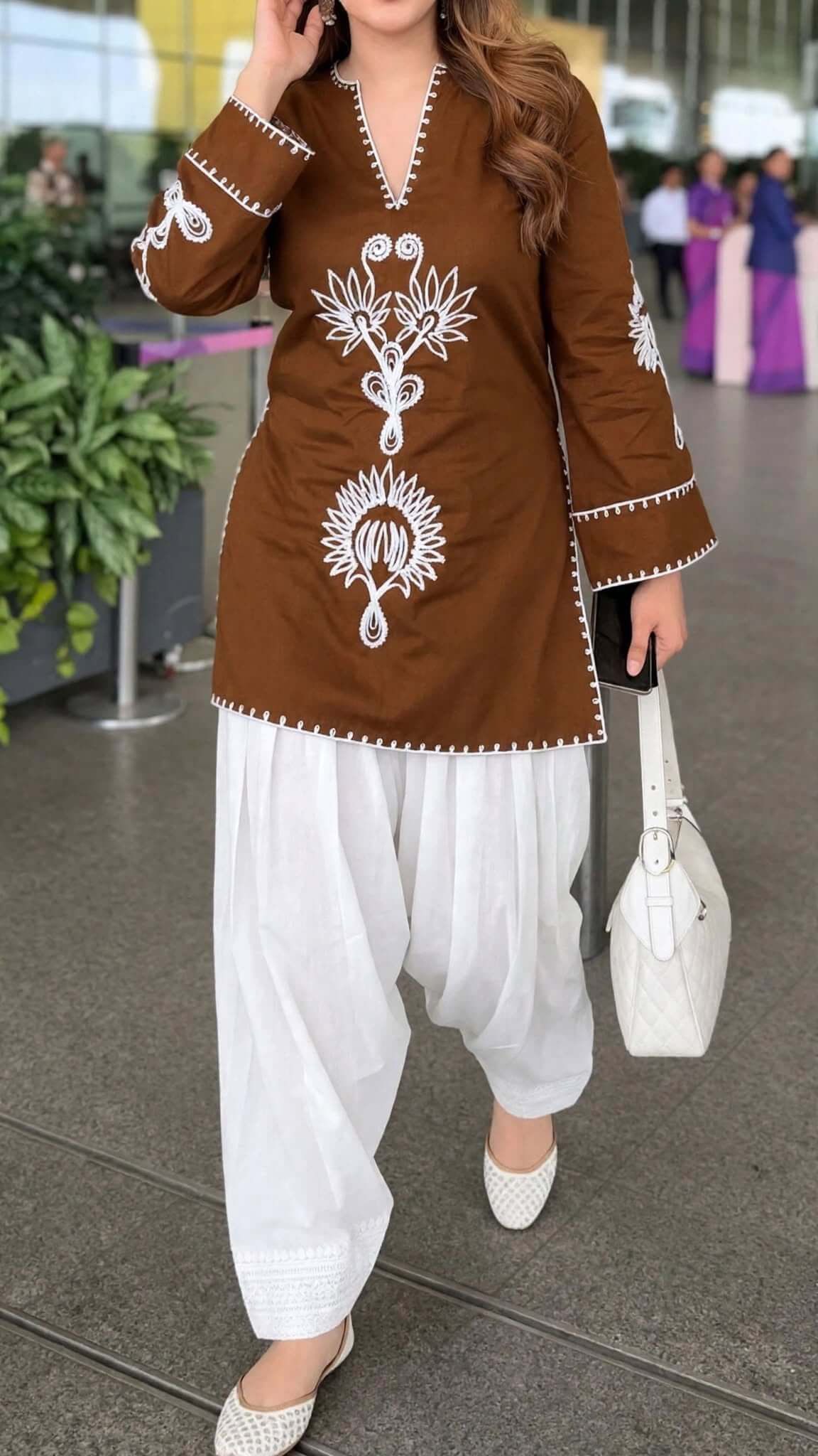 Brown Embroidered Cotton Kurta with White Salwar Set