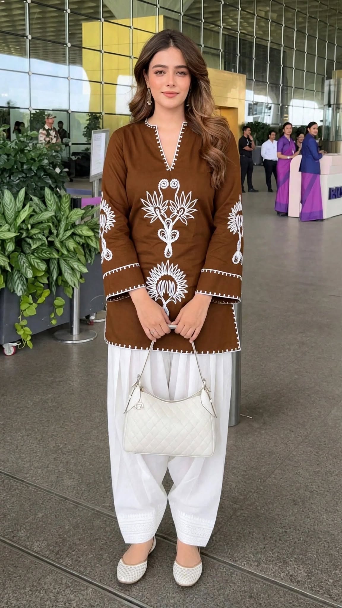 Brown Embroidered Cotton Kurta with White Salwar Set