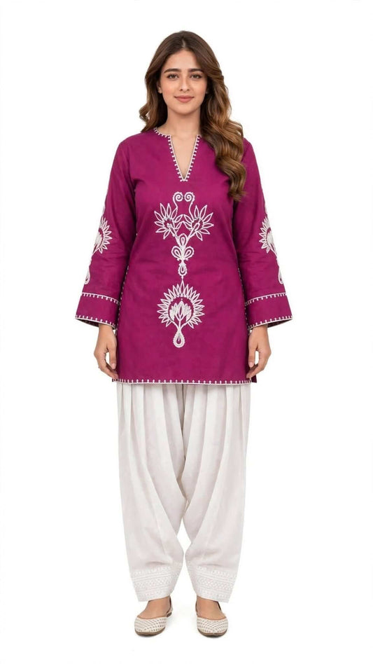 Magenta Embroidered Cotton Kurta with White Salwar Set