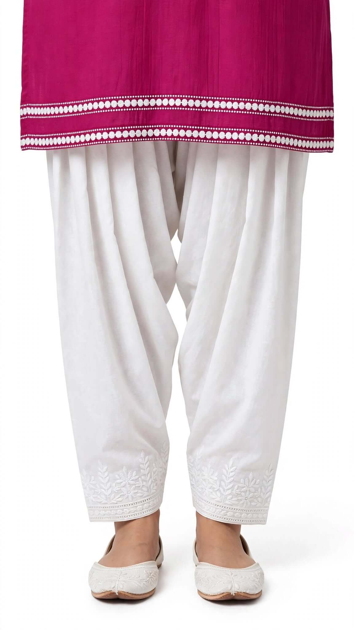 Magenta Embroidered Cotton Kurta with White Salwar Set