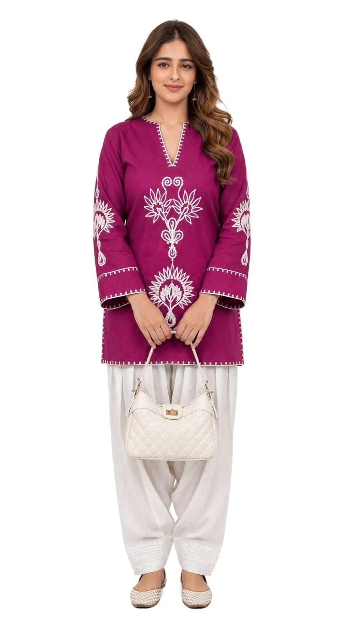 Magenta Embroidered Cotton Kurta with White Salwar Set