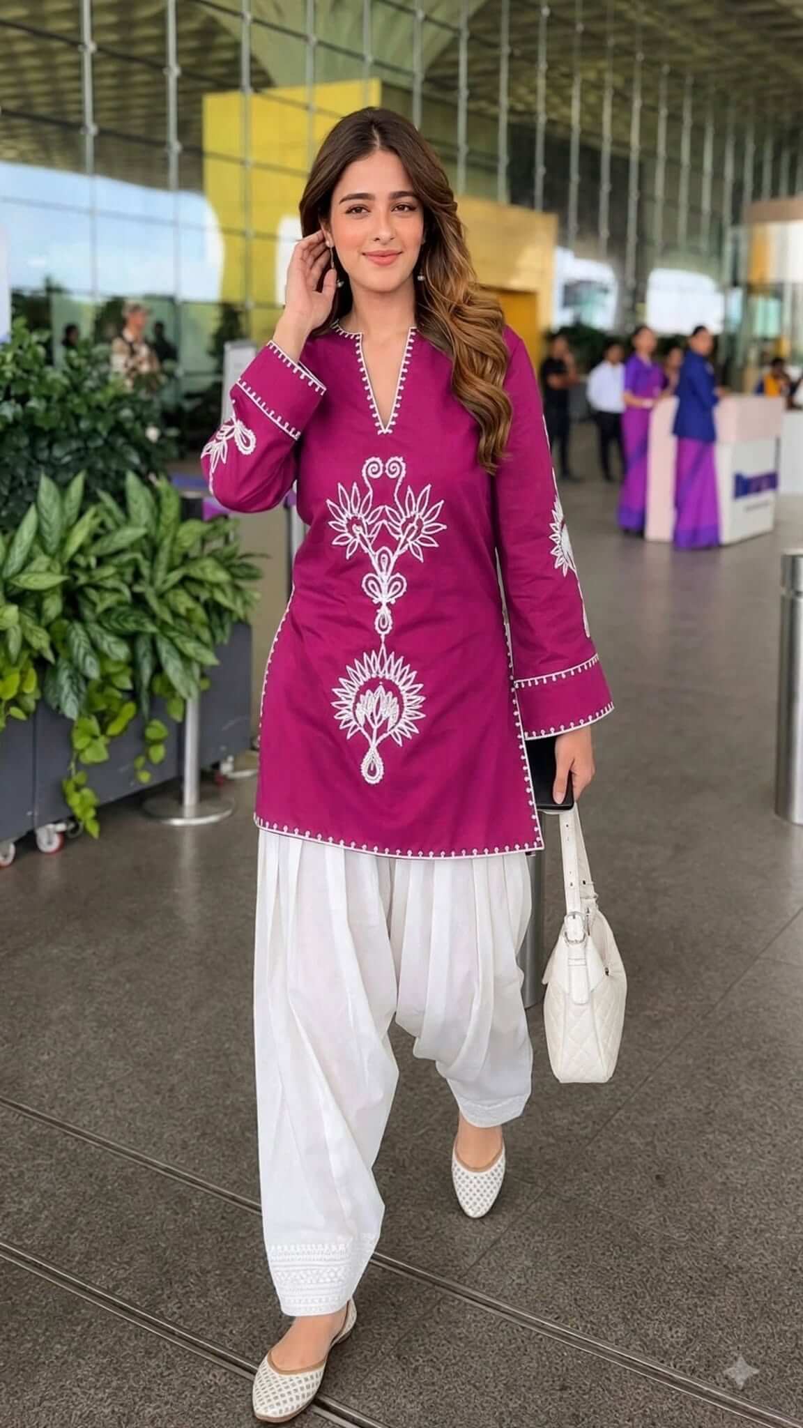 Magenta Embroidered Cotton Kurta with White Salwar Set