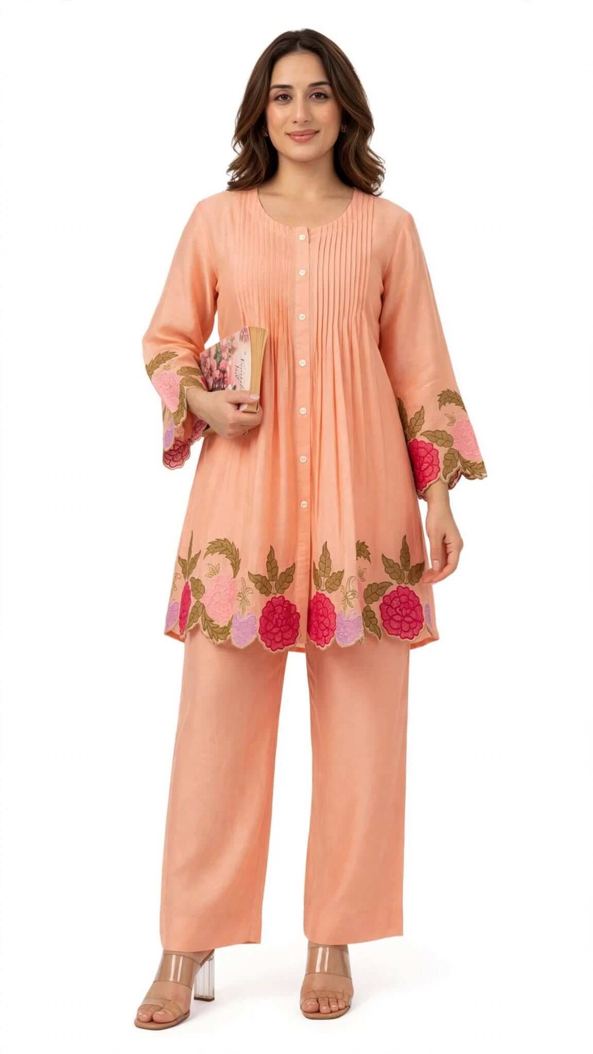 Peach Embroidered Cotton Kurta with Matching Trouser Set