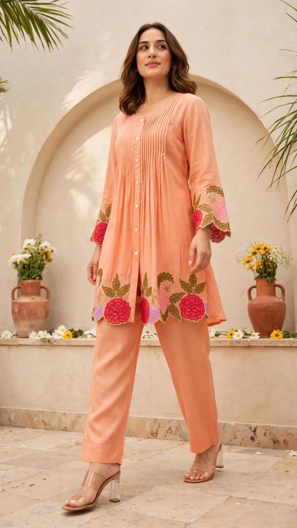 Peach Embroidered Cotton Kurta with Matching Trouser Set