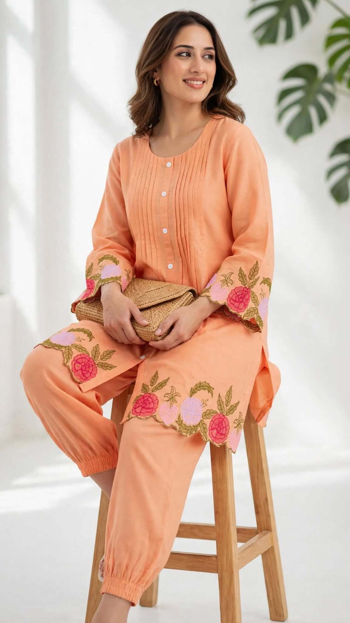 Peach Embroidered Cotton Kurta with Matching Trouser Set