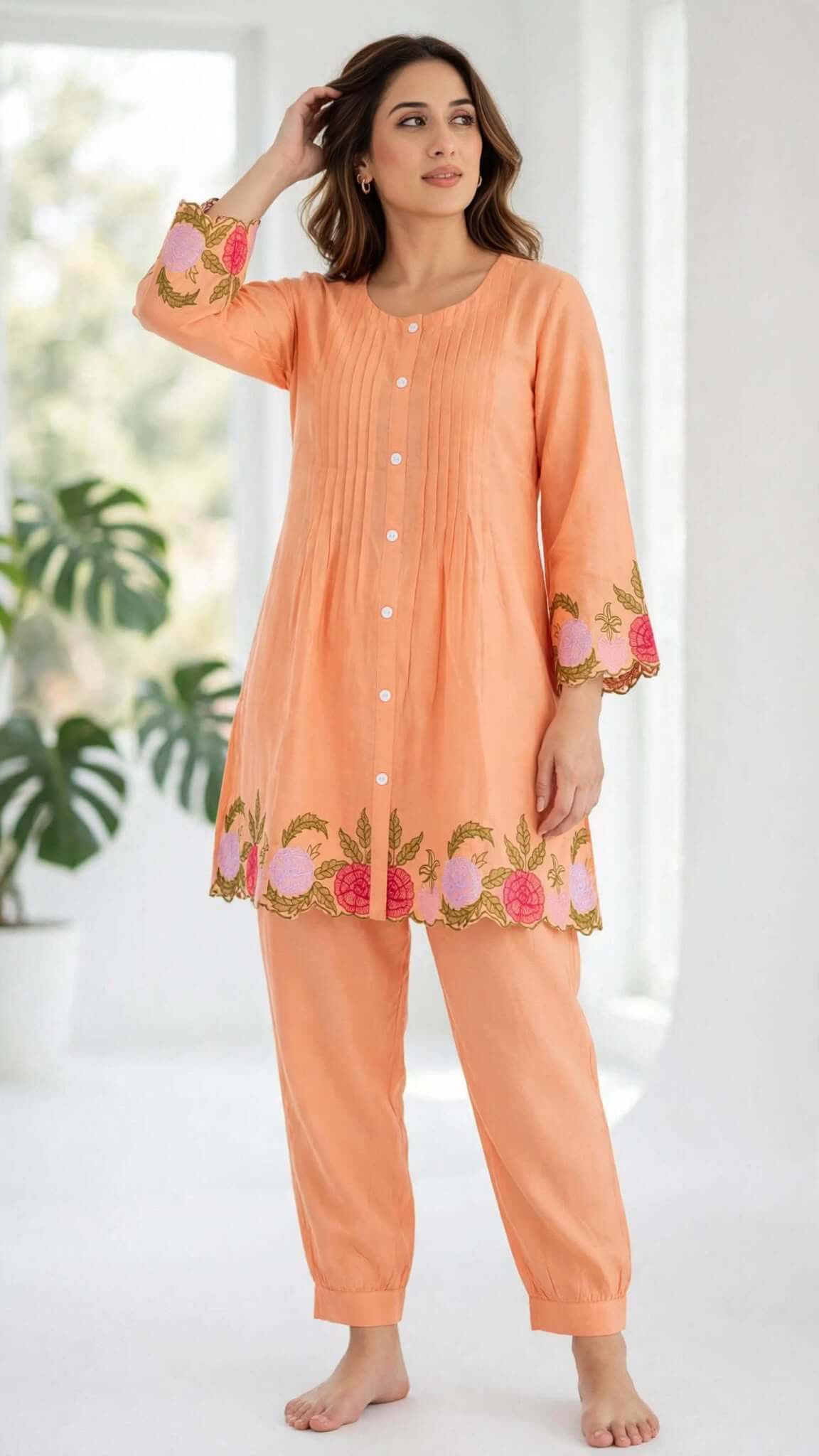 Peach Embroidered Cotton Kurta with Matching Trouser Set