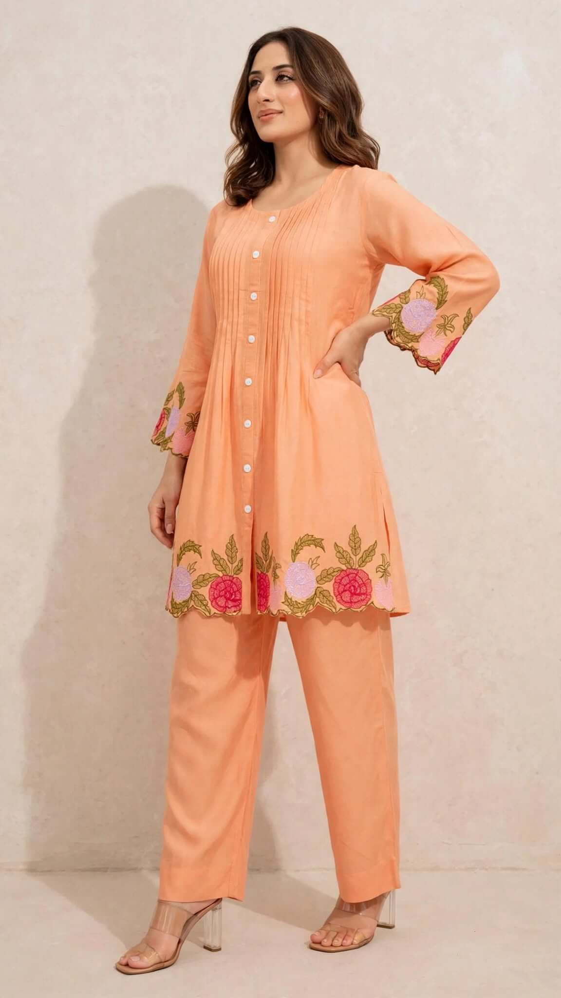 Peach Embroidered Cotton Kurta with Matching Trouser Set