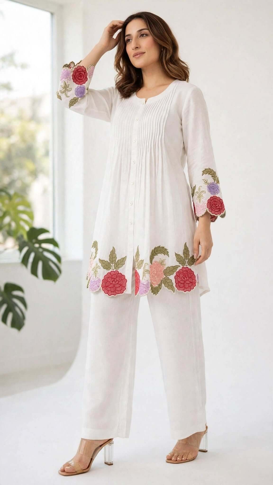 White Embroidered Cotton Kurta with Matching Trouser Set