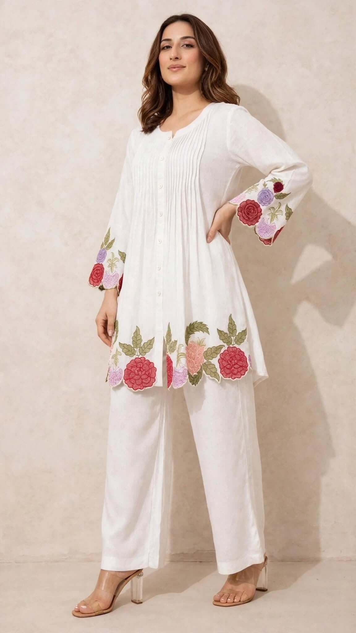 White Embroidered Cotton Kurta with Matching Trouser Set