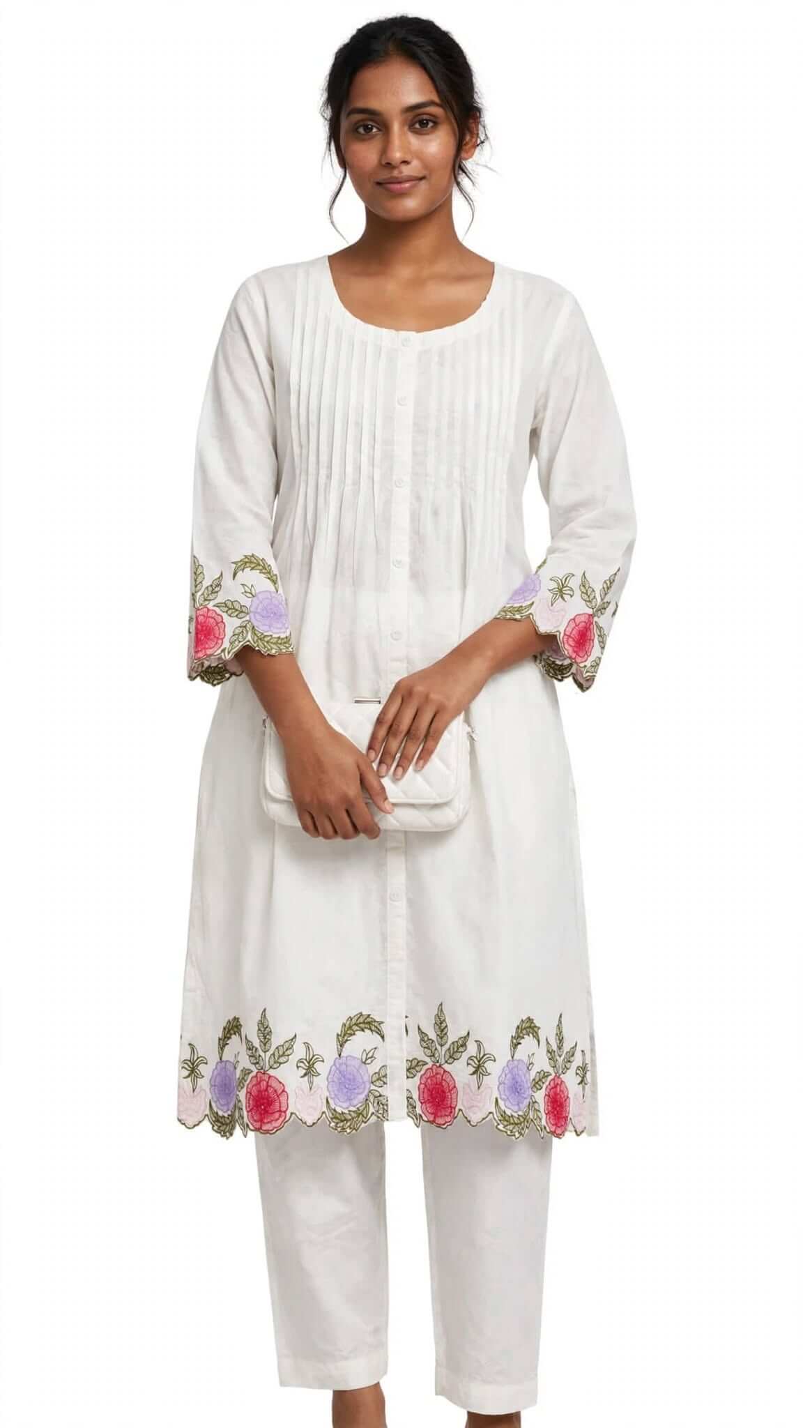 White Embroidered Cotton Kurta with Matching Trouser Set