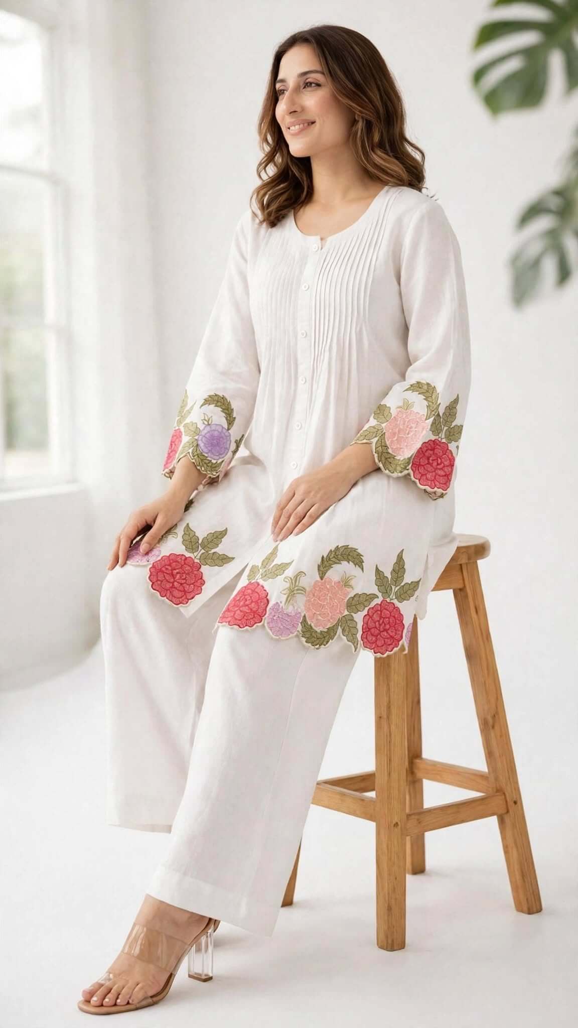 White Embroidered Cotton Kurta with Matching Trouser Set
