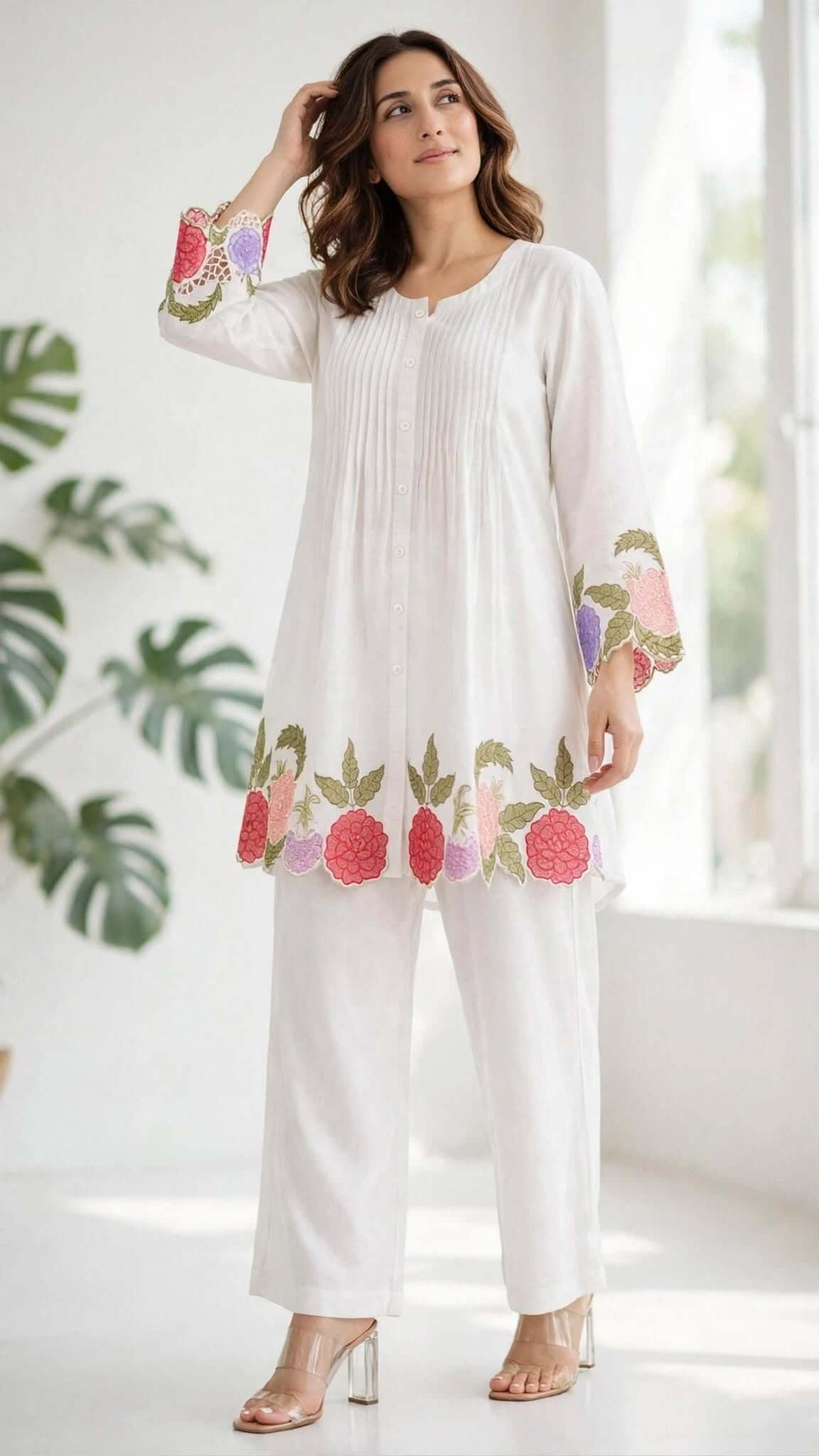 White Embroidered Cotton Kurta with Matching Trouser Set