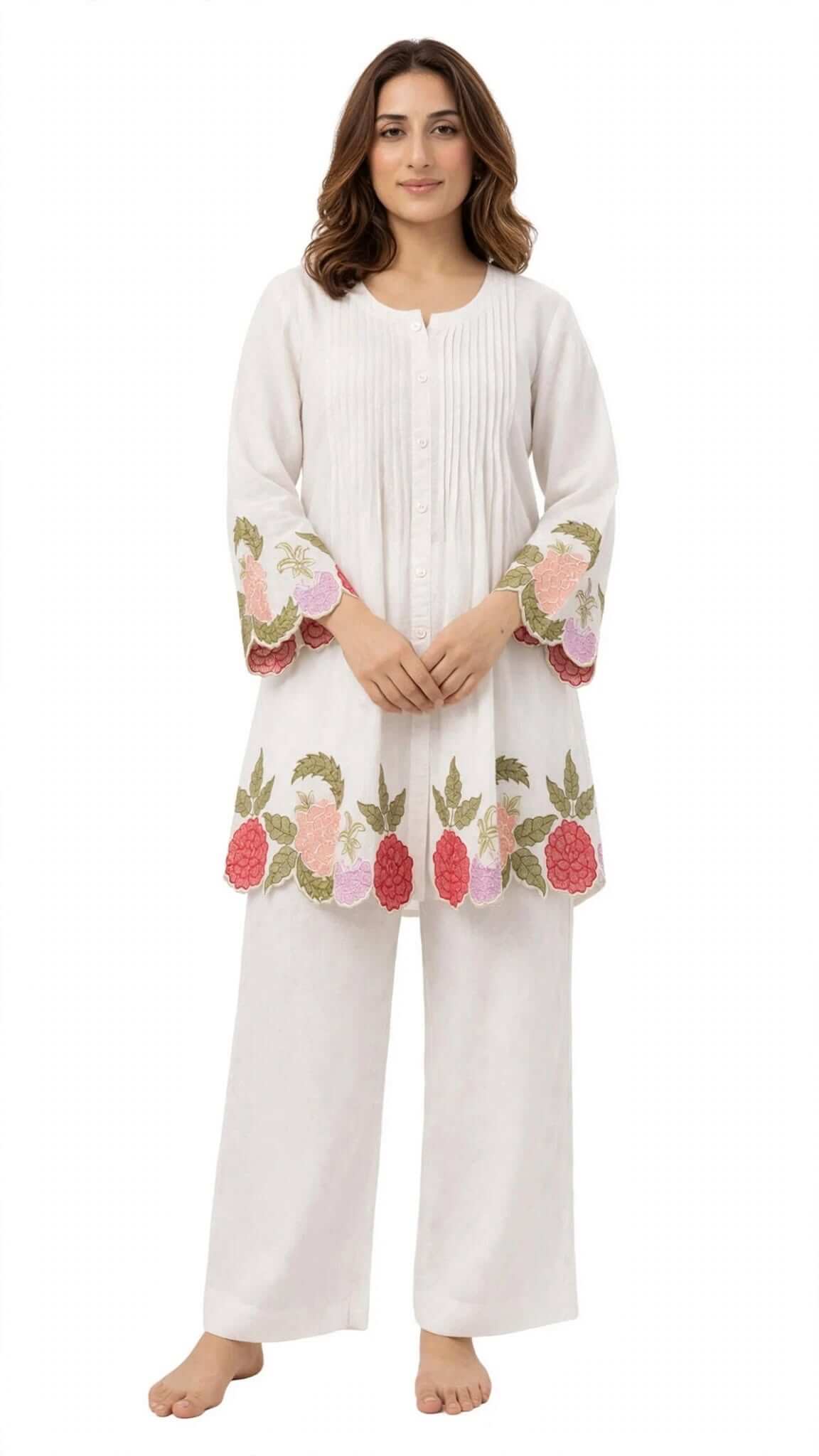 White Embroidered Cotton Kurta with Matching Trouser Set