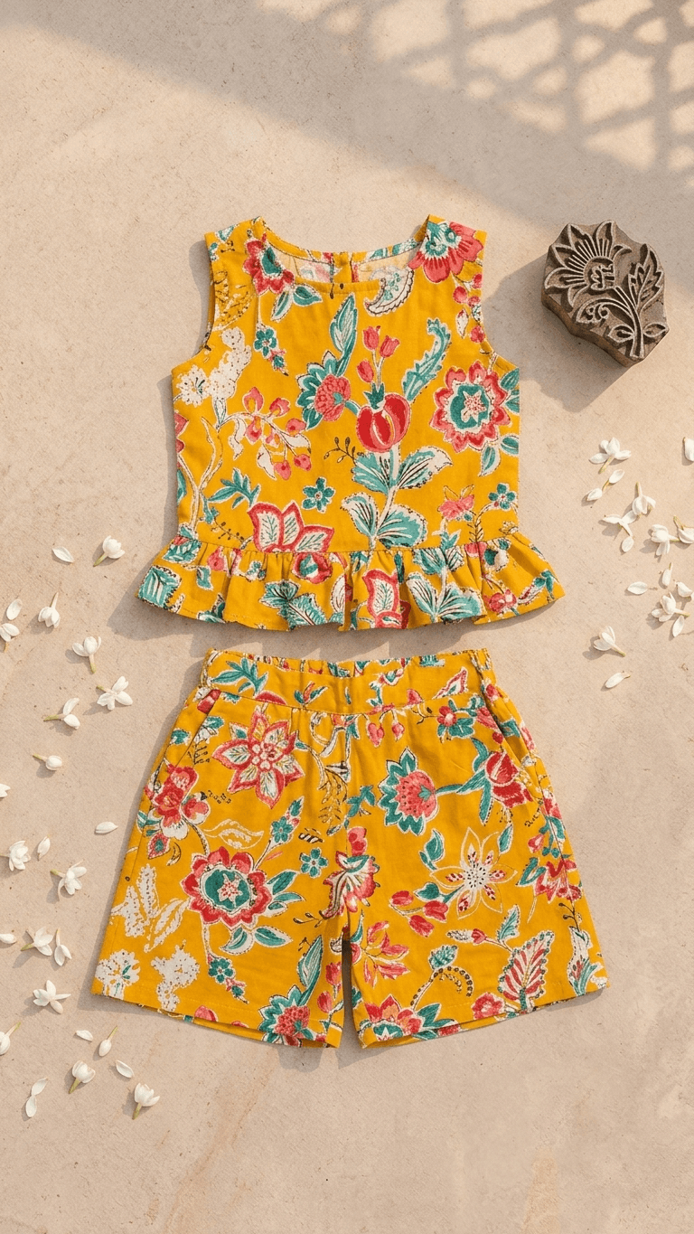 Mustard Chintz Peplum Shorts Set