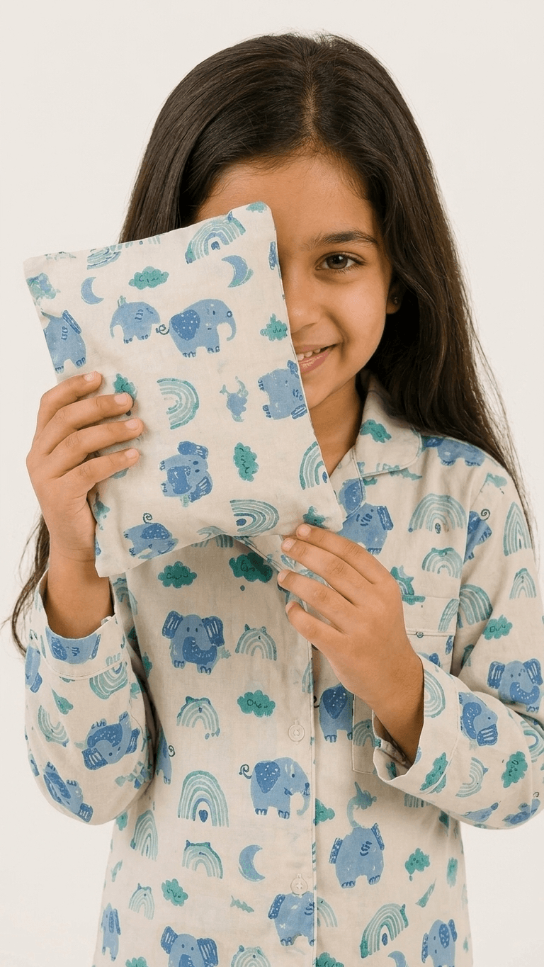 Satrangi House  Kids 100% Pure Cotton Woven Full-Sleeve Blue Elephant and Rainbow Print Night Suit Pajama Set with Travel Pouch