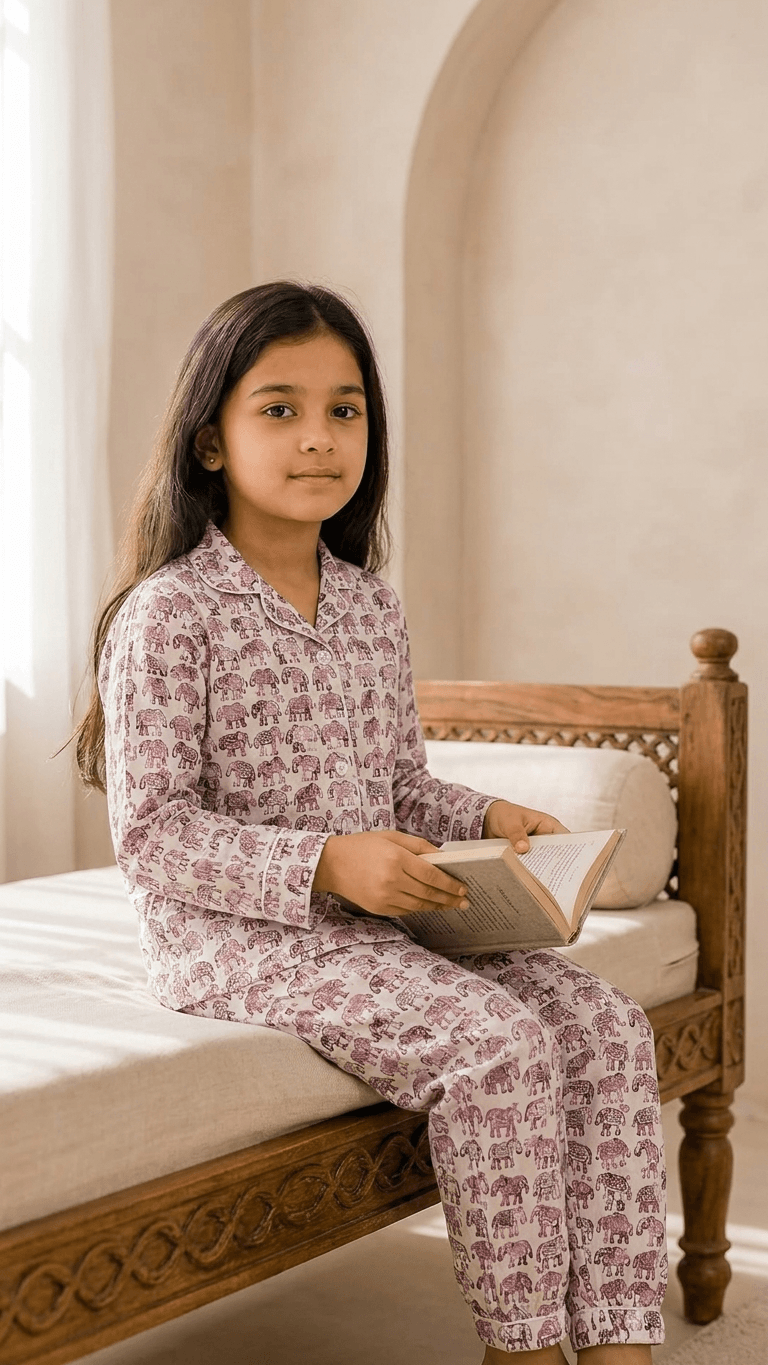 Satrangi House Kids 100% Pure Cotton Woven Full-Sleeve Elephant Print Night Suit Pajama Set with Travel Pouch - Pink
