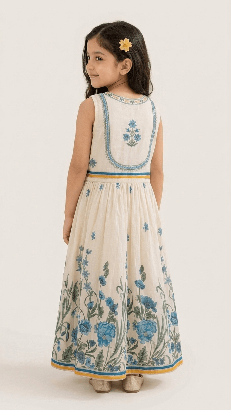 Girls Cream & Blue Floral Embroidered Ethnic Lehenga Gown | Kids Traditional Cotton Festive Wear Dress