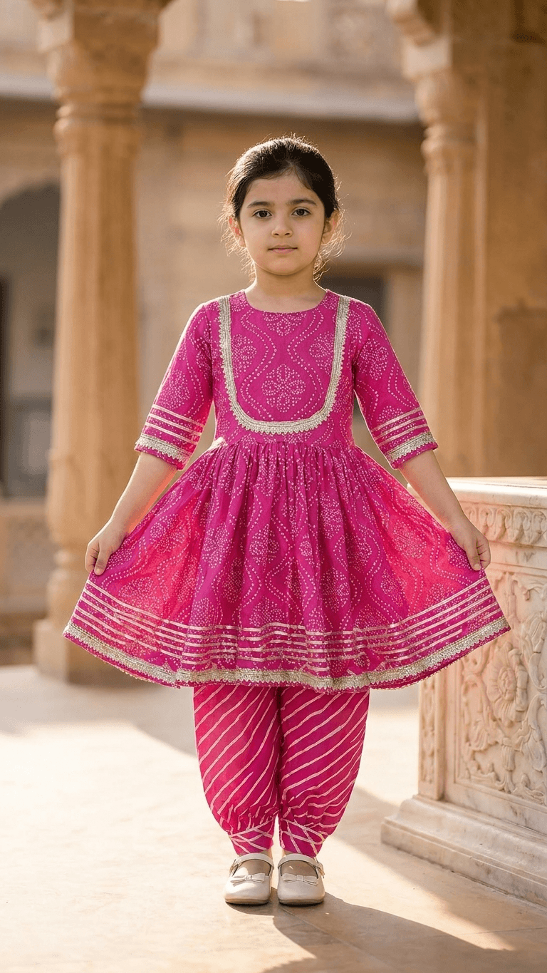 Girls Rani Pink Bandhani Print Kurti Sharara Set | Kids Gota Patti Work Traditional Salwar Kameez Suit