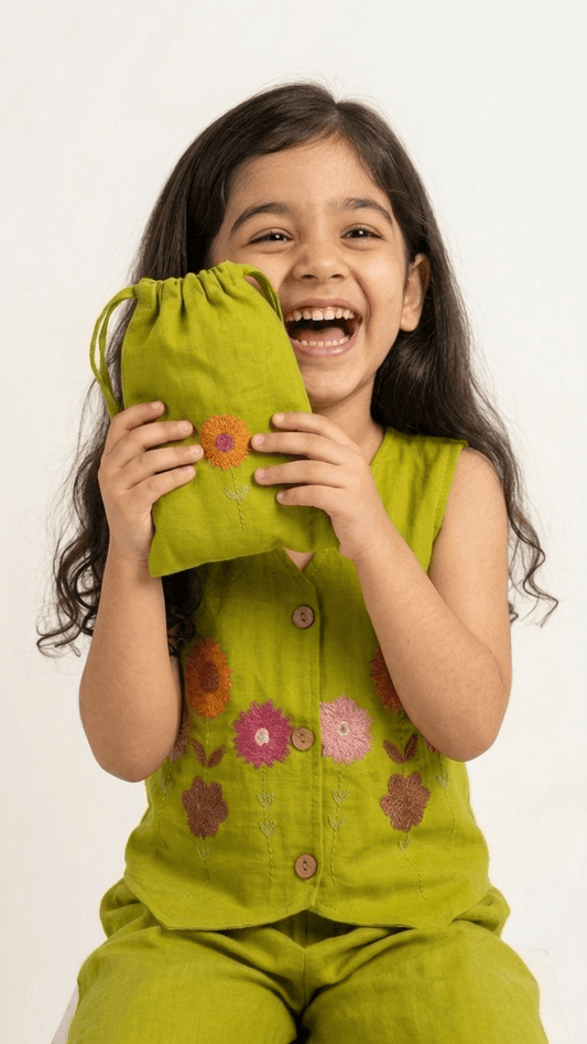 Girls Lime Green Embroidered Waistcoat and Palazzo Co-Ord Set | Kids Indo-Western Casual Festive Fusion Dress