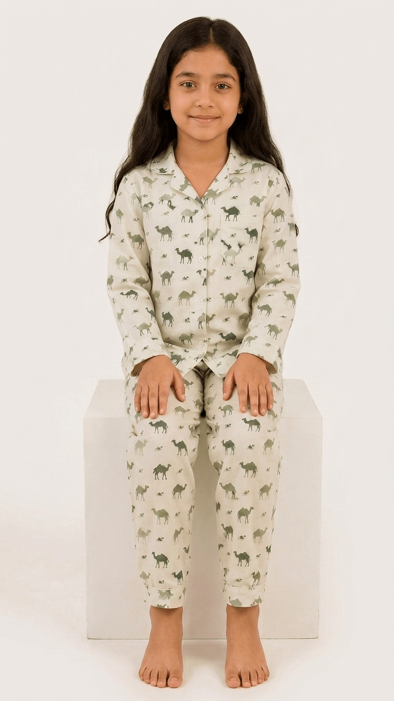 Satrangi House Kids 100% Pure Cotton Woven Full-Sleeve Olive Green Camel Print Night Suit Pajama Set with Travel Pouch