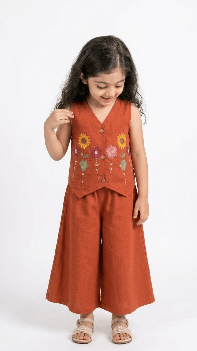 Girls Rust Orange Embroidered Waistcoat and Palazzo Co-Ord Set | Kids Indo-Western Casual Festive Fusion Dress