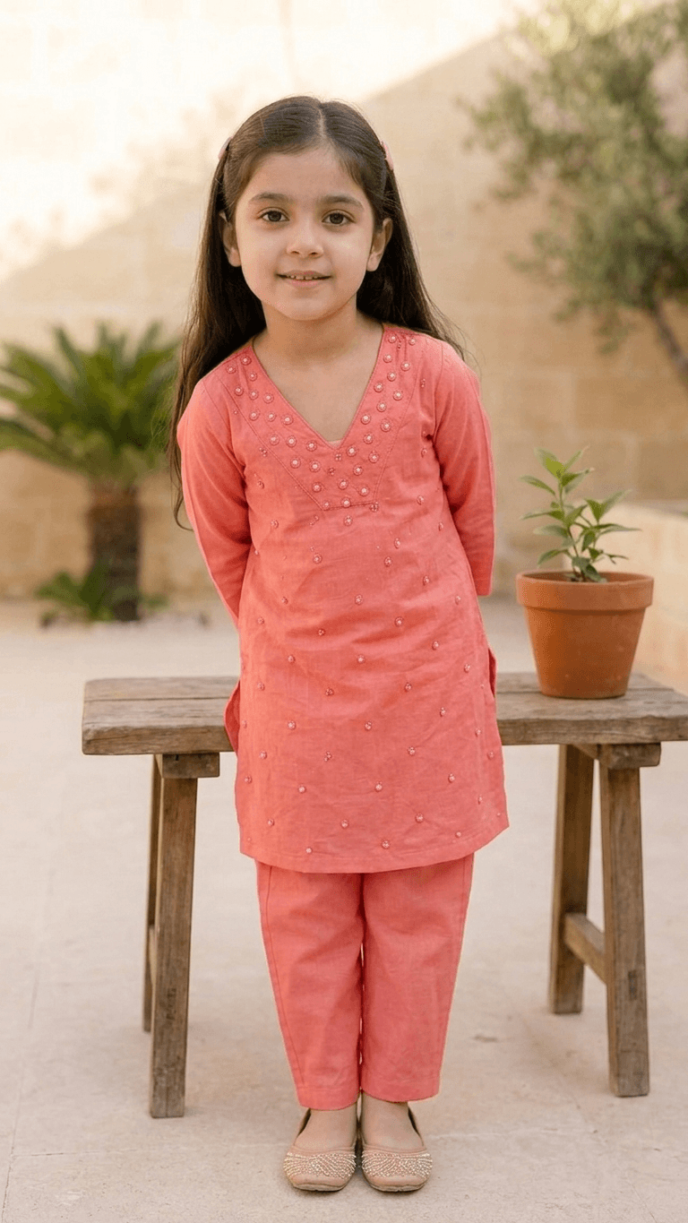 Girls Peach Mirror Work Kurta Pant Set | Kids Traditional Cotton Straight Kurti Trousers Festive Wear