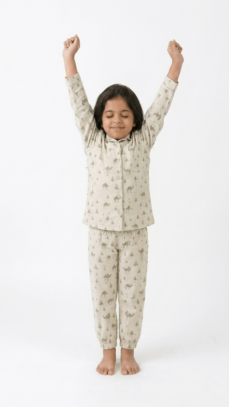 Satrangi House Kids 100% Pure Cotton Woven Full-Sleeve Sage Green Camel Print Night Suit Pajama Set with Travel Pouch