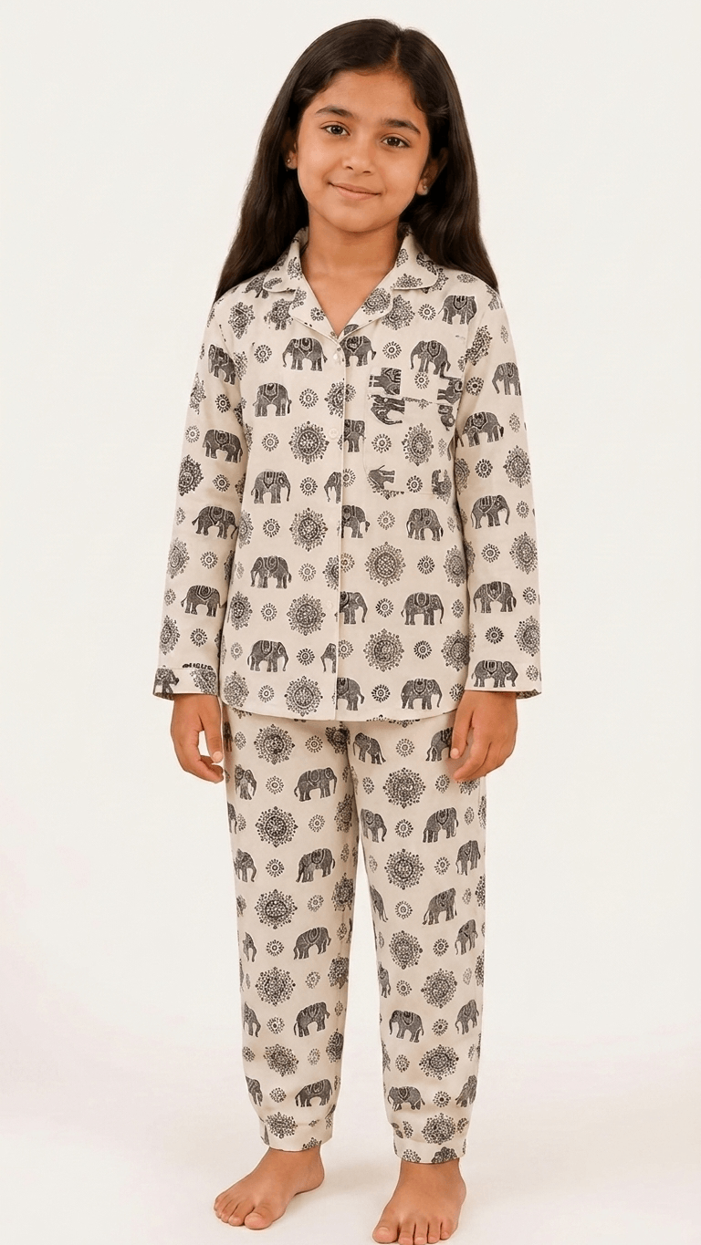 Satrangi House Kids 100% Pure Cotton Woven Full-Sleeve Black Mandala and Elephant Print Night Suit Pajama Set with Travel Pouch