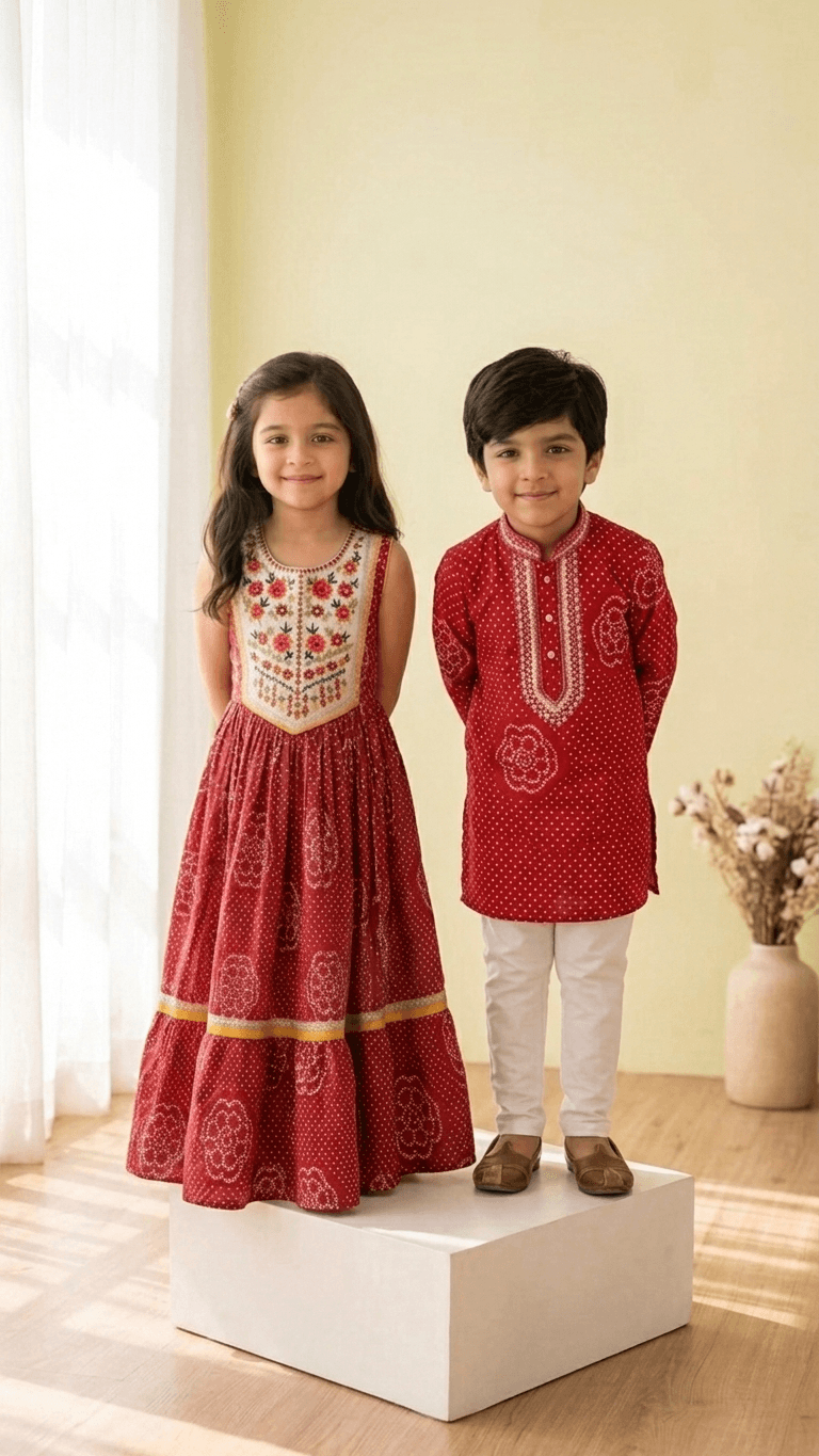 Brother Sister Matching Red Bandhani Festive Combo Set | Kids Crimson Lehenga Choli and Boys Kurta Pyjama Ethnic Suit