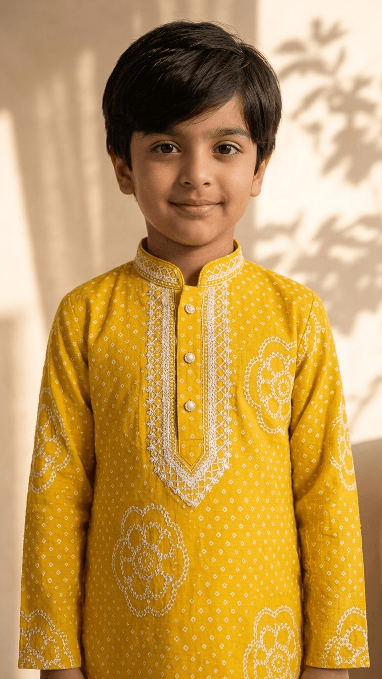 Brother Sister Matching Yellow Bandhani Festive Combo Set | Kids Haldi Lehenga Choli and Boys Kurta Pyjama Ethnic Suit