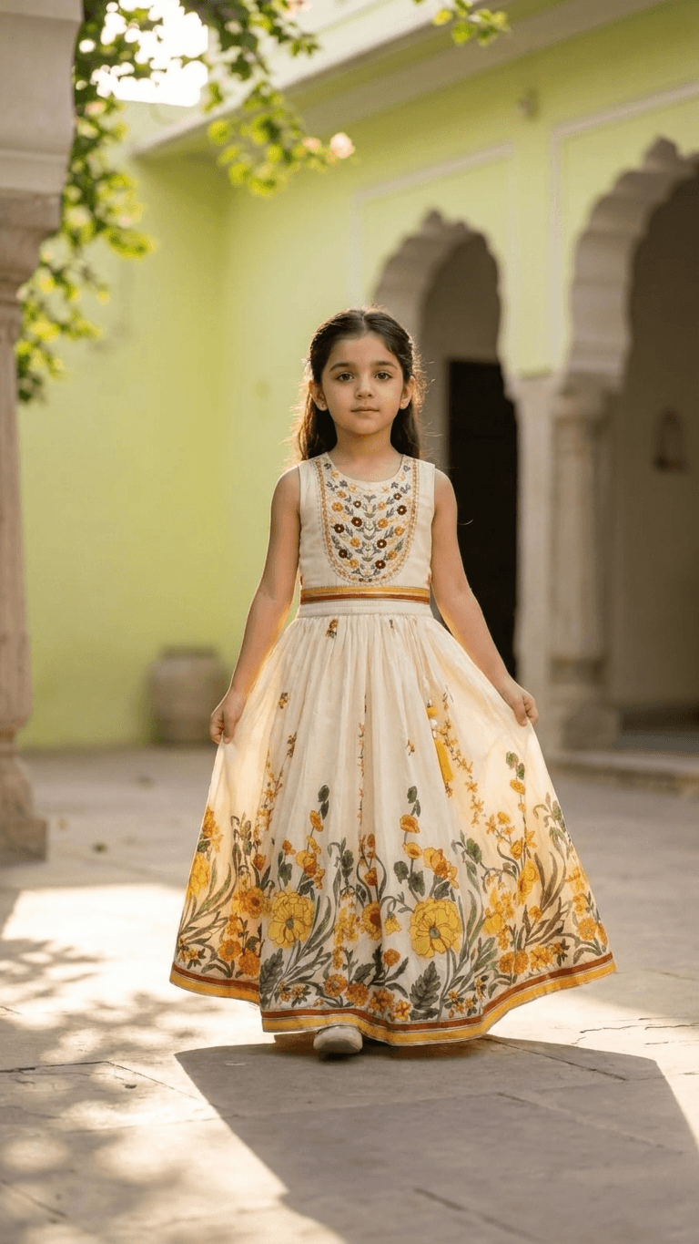 Girls Cream Floral Embroidered Ethnic Lehenga Gown Set | Kids Cotton Traditional Festive Wear Dress