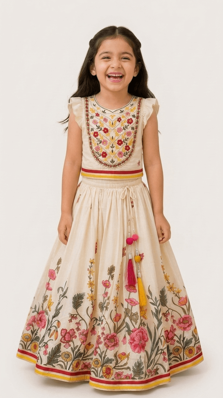 Girls Cream & Pink Floral Embroidered Lehenga Choli Set | Kids Flutter Sleeve Traditional Festive Wear Dress