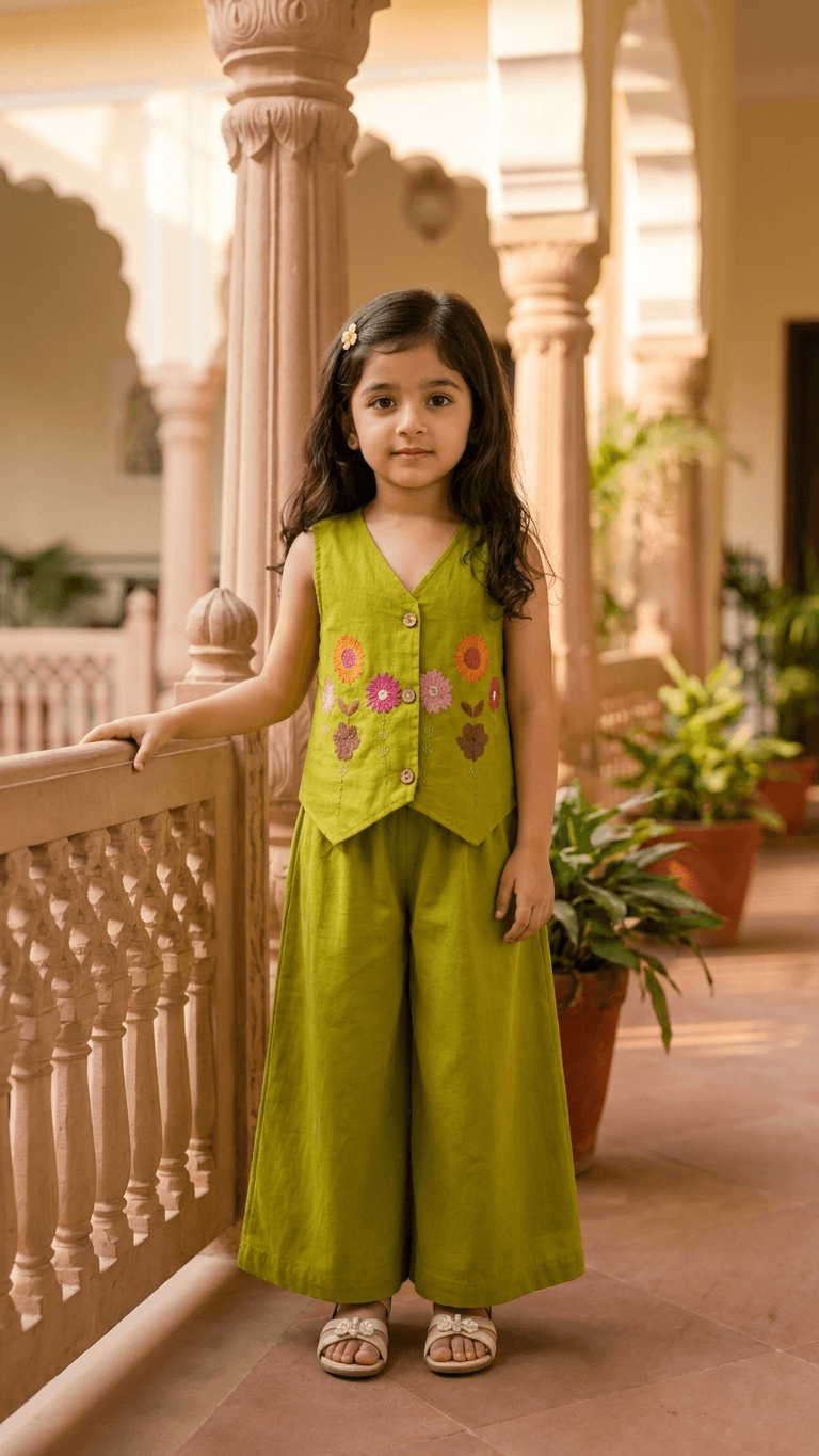 Girls Lime Green Embroidered Waistcoat and Palazzo Co-Ord Set | Kids Indo-Western Casual Festive Fusion Dress