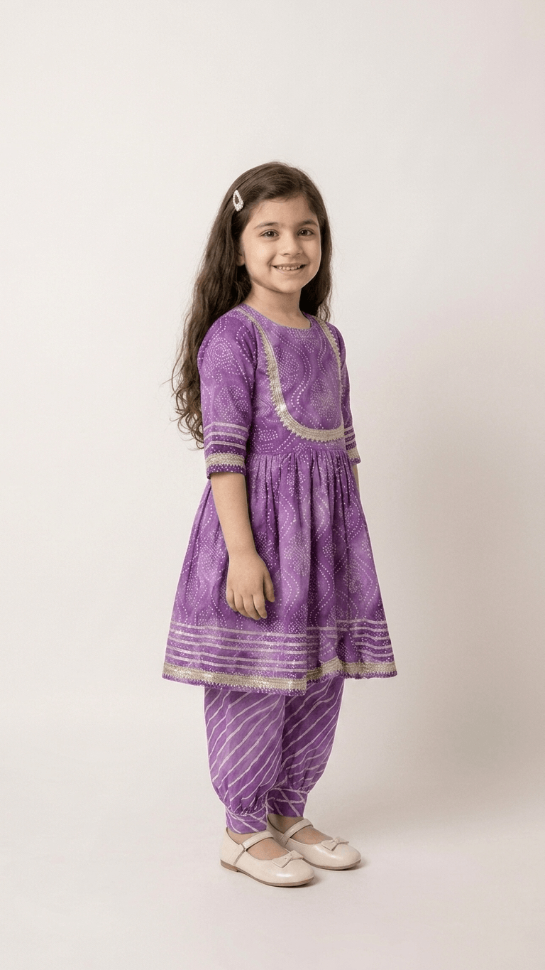Girls Purple Bandhani Print Flared Kurti Dhoti Set | Kids Gota Patti Traditional Anarkali Salwar Kameez Suit