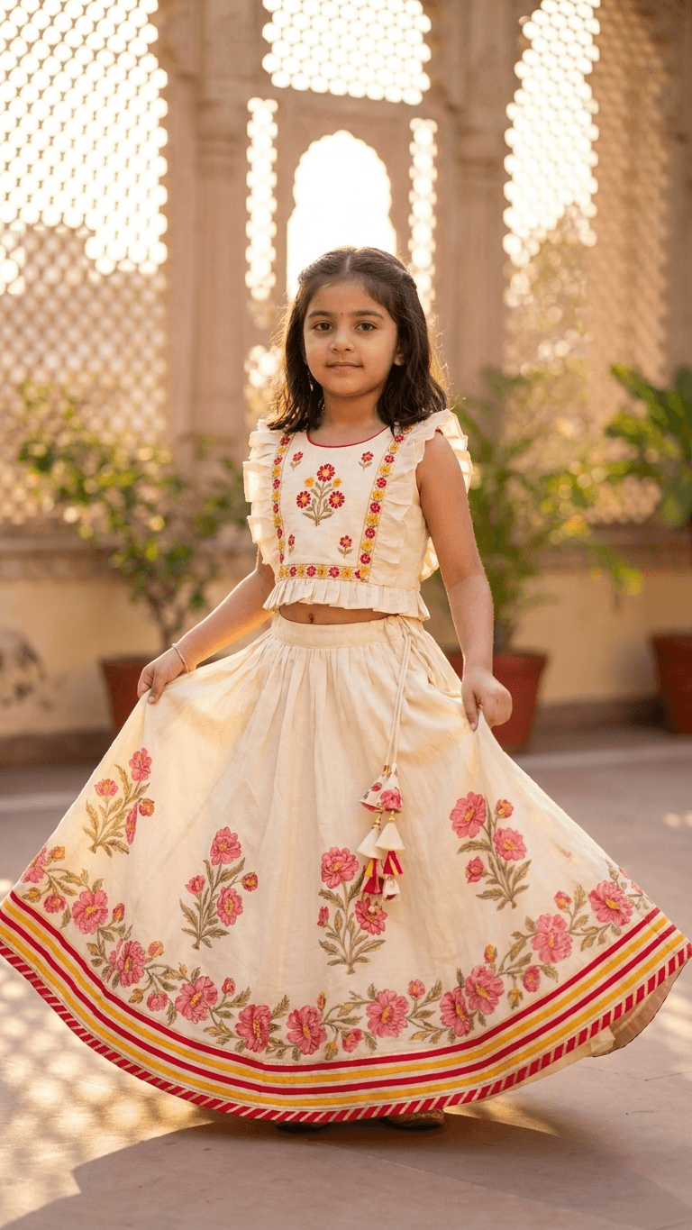 Girls Cream & Pink Floral Embroidered Lehenga Choli Set | Kids Flutter Sleeve Traditional Festive Wear Dress