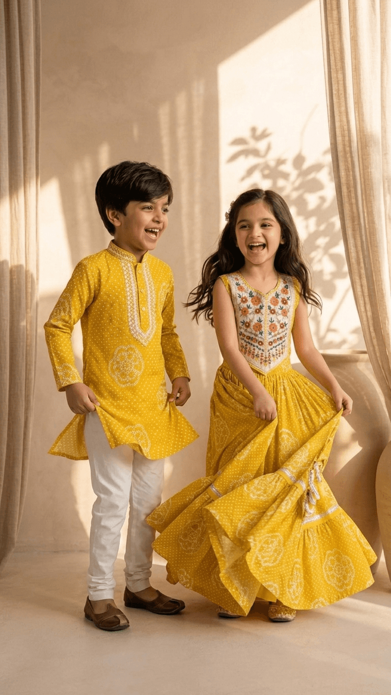 Brother Sister Matching Yellow Bandhani Festive Combo Set | Kids Haldi Lehenga Choli and Boys Kurta Pyjama Ethnic Suit